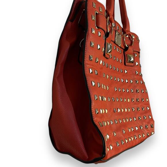 Convertible Top Handle Shoulder Bag Women's Red Gold Studded Faux Leather Tote - Picture 8 of 14